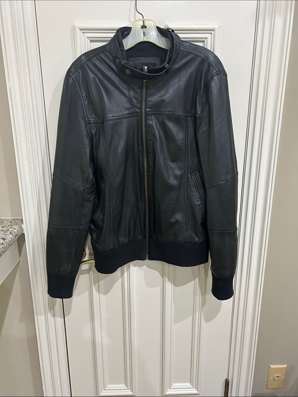 Zara Black Leather Stand-Collar Bomber Jacket